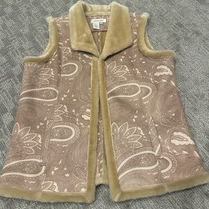 Coldwater Creek Faux Suede Paisley Shearling Trim Vest Size Large